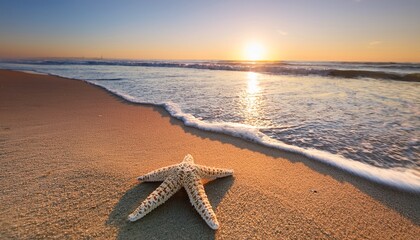 A serene beach scene at sunrise adorned with a starfish and seashell on sandy shore accompanied by calm waves and anticipation of an idyllic summer vacation