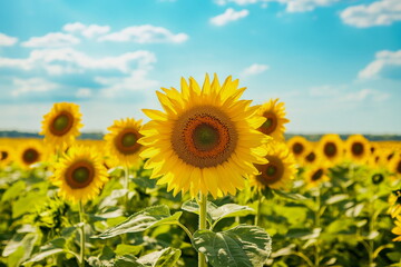 Fototapeta premium Vibrant sunflowers in a sunny field. Ideal for natural backgrounds, sunflower farming, floral patterns, and seasonal countryside images.
