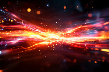 Abstract Blurred Trails of Vibrant Red and Orange Colors Streaming Through Darkness, Suggesting Extreme Speed and Velocity with Dramatic Lighting and Energetic Visuals