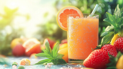 Fototapeta premium Refreshing glass of orange smoothie with a straw, garnished with a citrus wedge, surrounded by fresh strawberries, mint leaves and citrus