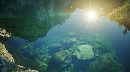 Clear water revealing stones and algae with the shining sun above
