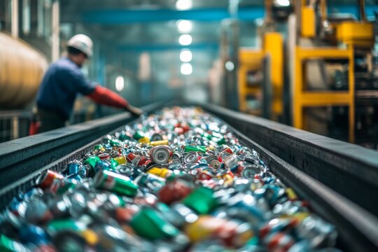 In a recycling plant, a worker carefully sorts through a conveyor belt filled with a variety of crushed aluminum cans. The environment is busy yet organized Generative AI