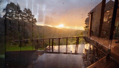 Behold a picturesque tableau unfolds before your very eyes as gentle symphony of raindrops cascading from heavens serenades your senses while ethereal mist dances upon windowpane
