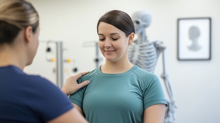 Fototapeta premium A woman receives guidance during a physical therapy session while a skeleton model is present in the background, highlighting the focus on rehabilitation and anatomy.