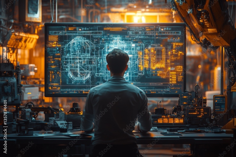 Poster a researcher examines detailed holographic screens filled with data in a high-tech lab, focused on c