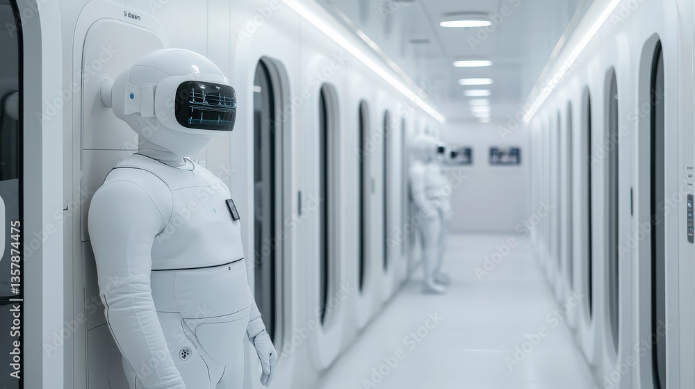 Poster the image features two humanoid robots in a sleek, futuristic corridor, showcasing advanced technolo