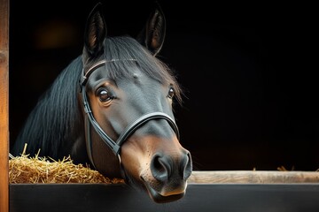 Obraz premium Horse is looking out of a window in a barn. The horse is eating hay. The barn is made of wood