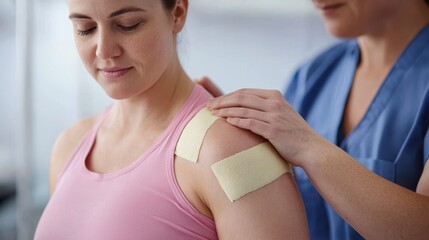 A nurse applies bandages to a patient's shoulder, emphasizing care and healing in a clinical setting.