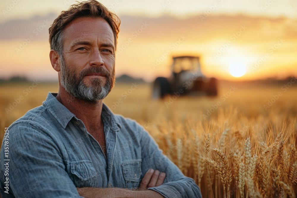 Poster a man with a beard stands in a large wheat field, gazing towards the horizon as the sun sets behind 