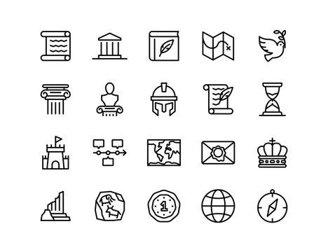 History Vector Icon Set | Adjustable Line Weight | Museum, scroll, ancient, archaeology, timeline, empire, monument, artifact, heritage, civilization, medieval, exploration, historical culture icons
