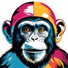 Digital bright matte illustration with a monkey head in pop art style on a white background.