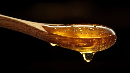Golden Honey Dripping from Wooden Spoon