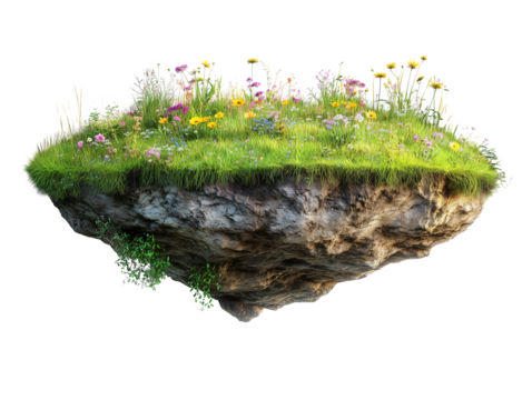 A captivating floating island showcases colorful flowers and lush greenery, evoking a sense of wonder. Its serene environment transports observers to a dreamlike realm.