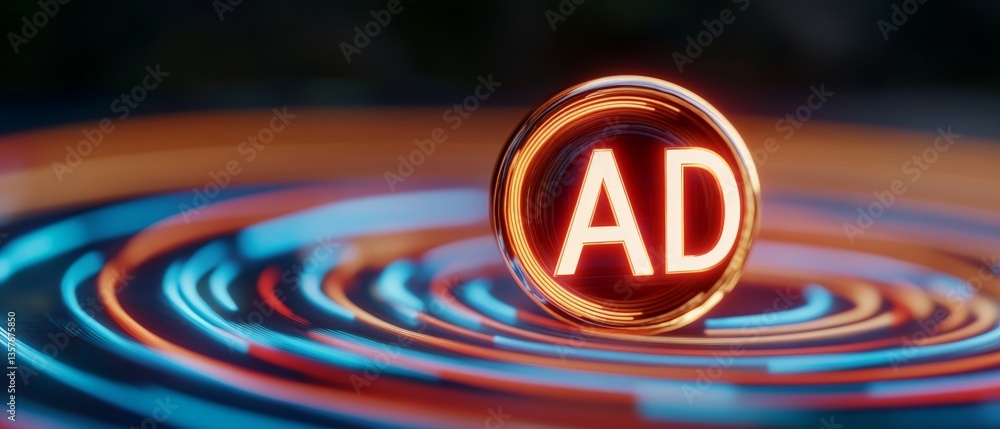 Poster circular futuristic ad glyph in motion blur on tech interface surface forming dynamic advertising co