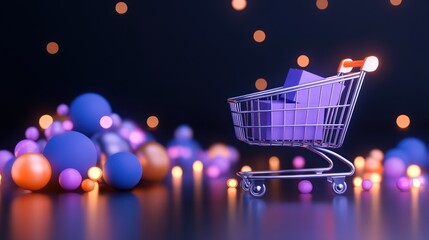 Shopping Cart With Purple Boxes And Festive Lights