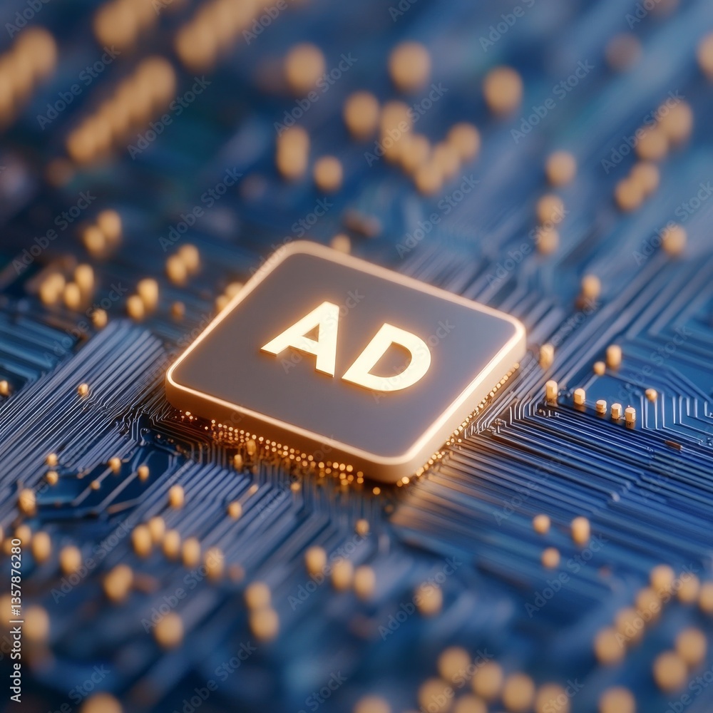 Poster circuit board with ad letters etched into microchip surface forming isolated digital concept for fut