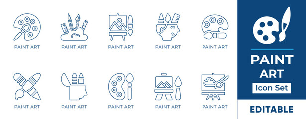 Paint art line icon set featuring brushes, palettes, easels, color mixing, digital art tools, painting techniques, and creative expressions.