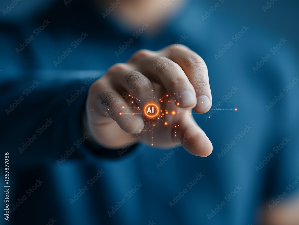 Poster human hand touching virtual digital interface with orange microchip glowing forming smart connection