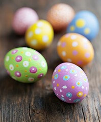 Obraz premium A vibrant display of painted Easter eggs arranged on a rustic wooden surface, showcasing various colors and intricate designs.