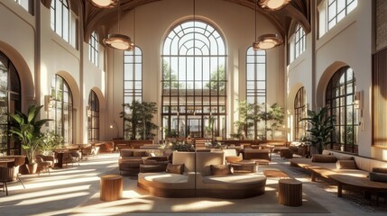 A hospital with a spacious, modern lobby featuring high ceilings and ample seating areas