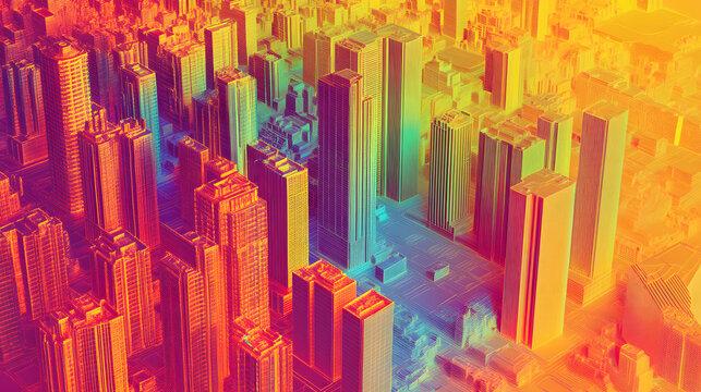 Self-learning AI predicting urban heat patterns in a digital city, providing solutions to mitigate extreme temperatures and enhance comfort.