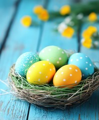 Obraz premium Four eggs rest gently in a nest placed atop a blue table, showcasing nature's beauty and simplicity in a vibrant setting.