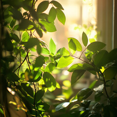Sunlight filtering through lush green leaves indoors