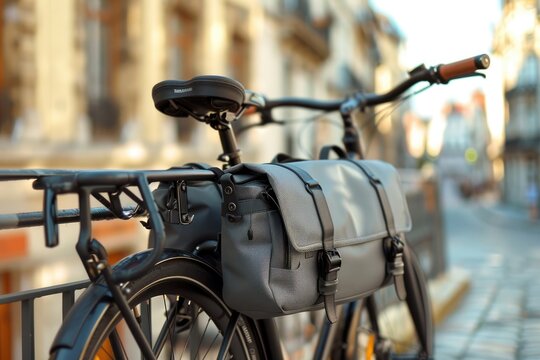 A minimalist gray messenger bag secured on a bicycle rack, set against a blurred European city background, epitomizing urban commuting and sustainable lifestyle choices. MZ 