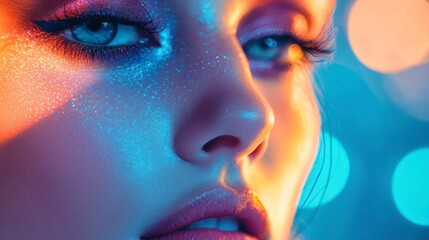 Close-up portrait of a beautiful young woman with orange and blue lighting