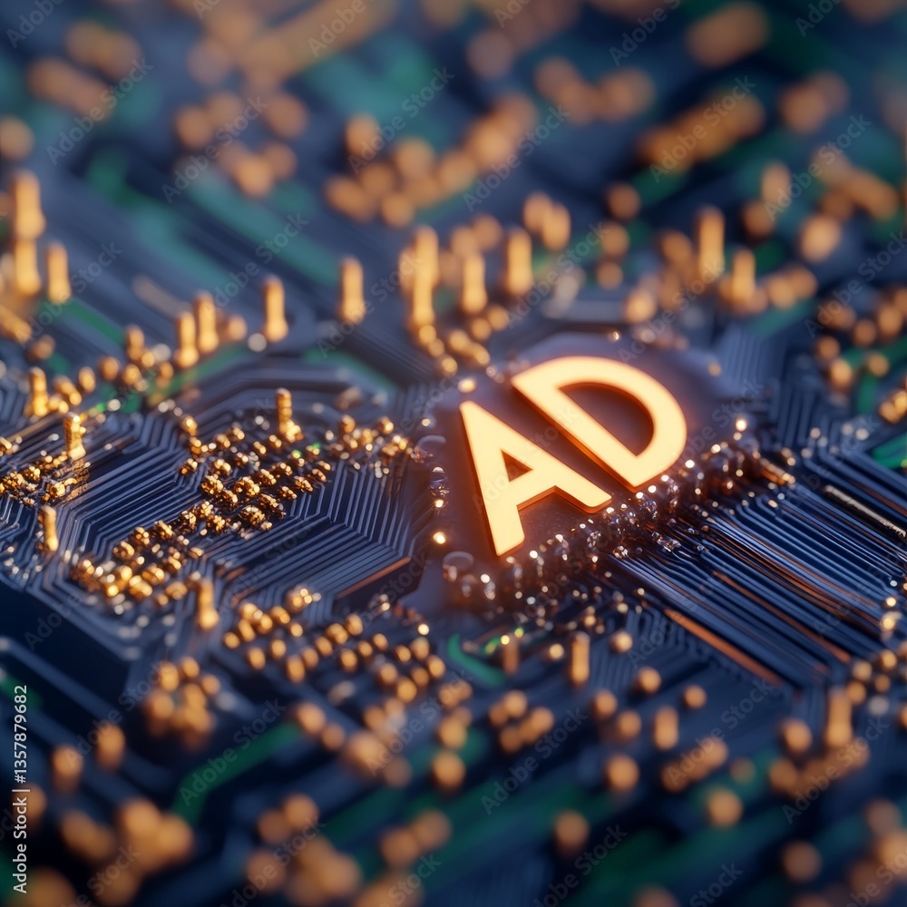 Poster orange glowing ad lettering on digital microchip embedded in circuit board forming isolated smart br