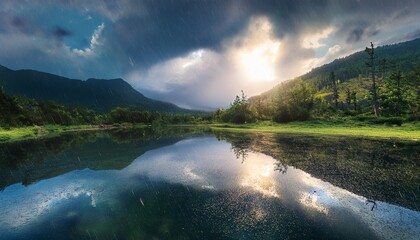 Fototapeta premium Behold ethereal metamorphosis of rain transmuting mundane landscapes into resplendent mirrors where realm emerges as a paradoxical fusion of known and fantastical