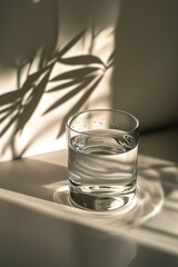 A glass of water on a clean table with soft sunlight