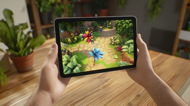 Hands holding a tablet displaying a vibrant garden game perfect for digital entertainment and
