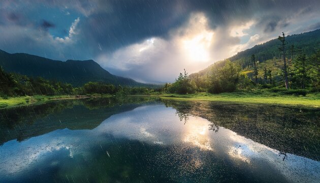 Behold ethereal metamorphosis of rain transmuting mundane landscapes into resplendent mirrors where realm emerges as a paradoxical fusion of known and fantastical