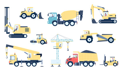 Special transport drivers. Trucks for building and road works, crawler crane, bulldozer, concrete mixer, tractor. Construction site vehicles, recent vector set