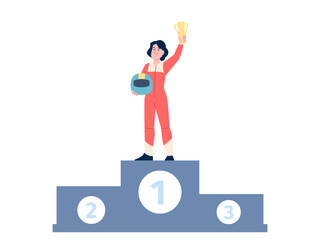 Girl racer win. Happy female sport character stand on winner podium with golden cup. Sportsman, rally competition award ceremony recent vector scene