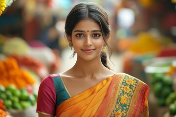 A young Indian woman in a colorful saree smiles warmly, surrounded by vibrant market scenes filled with fruits and flowers