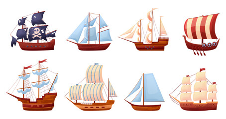 Wooden ships. Old style sailing ship, pirate frigate, sail boat. Isolated vintage vessels, ancient schooner and sailboat with flags, nowaday vector set © LadadikArt