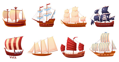 Old wooden sailboats. Vintage fregate and sailboats, cartoon isolated sailing ships. Traditional wooden vessels with flags and sails, nowaday vector set © LadadikArt