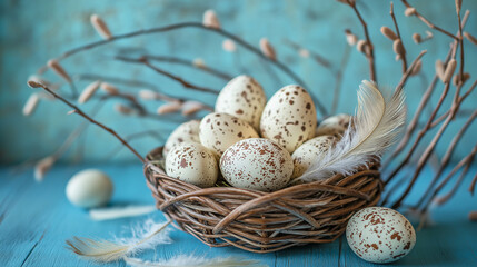 Obraz premium Easter decoration - rustic eggs In vintage basket on blue table with willows branches and feathers