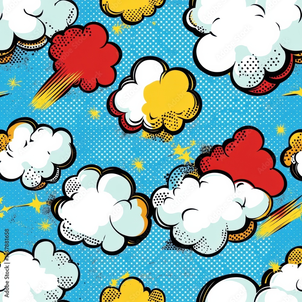 Aufkleber dynamic pop-art comic pattern featuring bold halftone dots and retro speech bubbles on a vibrant blu