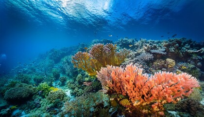 coral reef bursts with a kaleidoscope of vibrant colors, teeming with an enchanting assortment of coral species, mesmerizing marine creatures, and awe-inspiring natural splendor