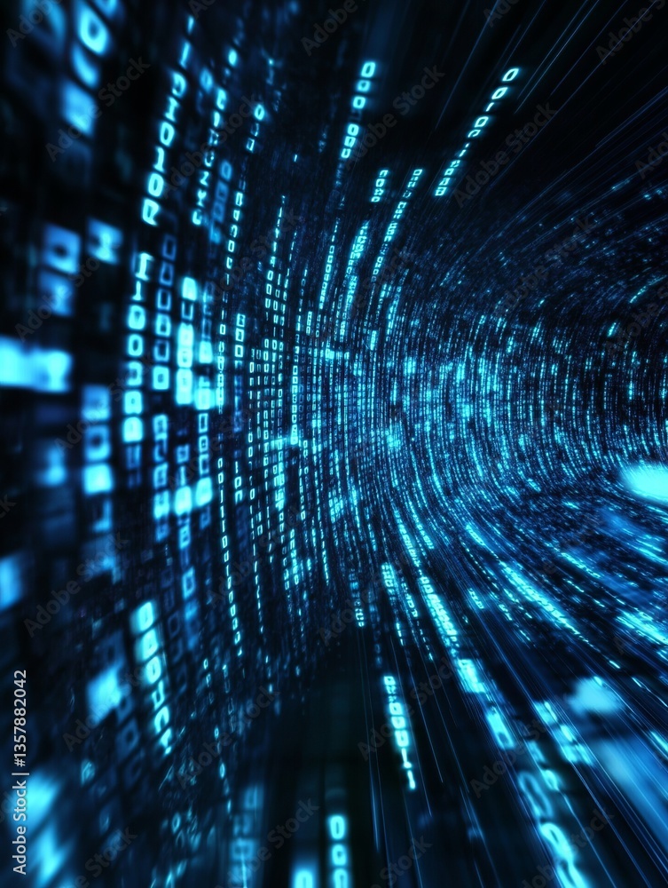 Poster abstract digital tunnel of binary code data stream futuristic technology background blue neon glowin