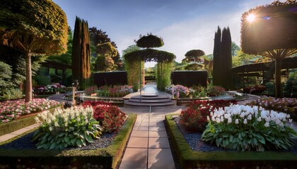 Obraz premium exquisite orchestration of flora and verdure in a garden, a testament to symbiotic dance between human ingenuity and enchanting forces of natural world, culminating in a sublime sanctuary of serenity