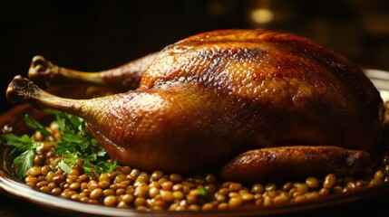 Fototapeta premium Roasted duck, lentil. Generative AI