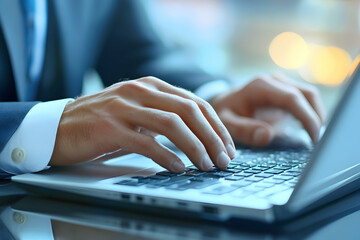 Hands typing on a laptop keyboard close up view