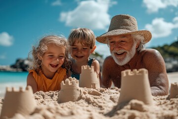 Building sandcastles together family beach day fun tropical paradise joyful moments