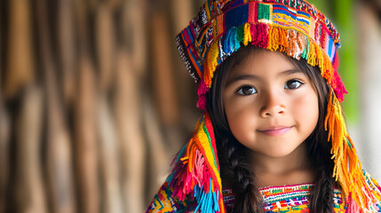 una niña de raices indigenas hermosa mirando a la camara sonriente con su traje tipico colorido cultura y tradicion