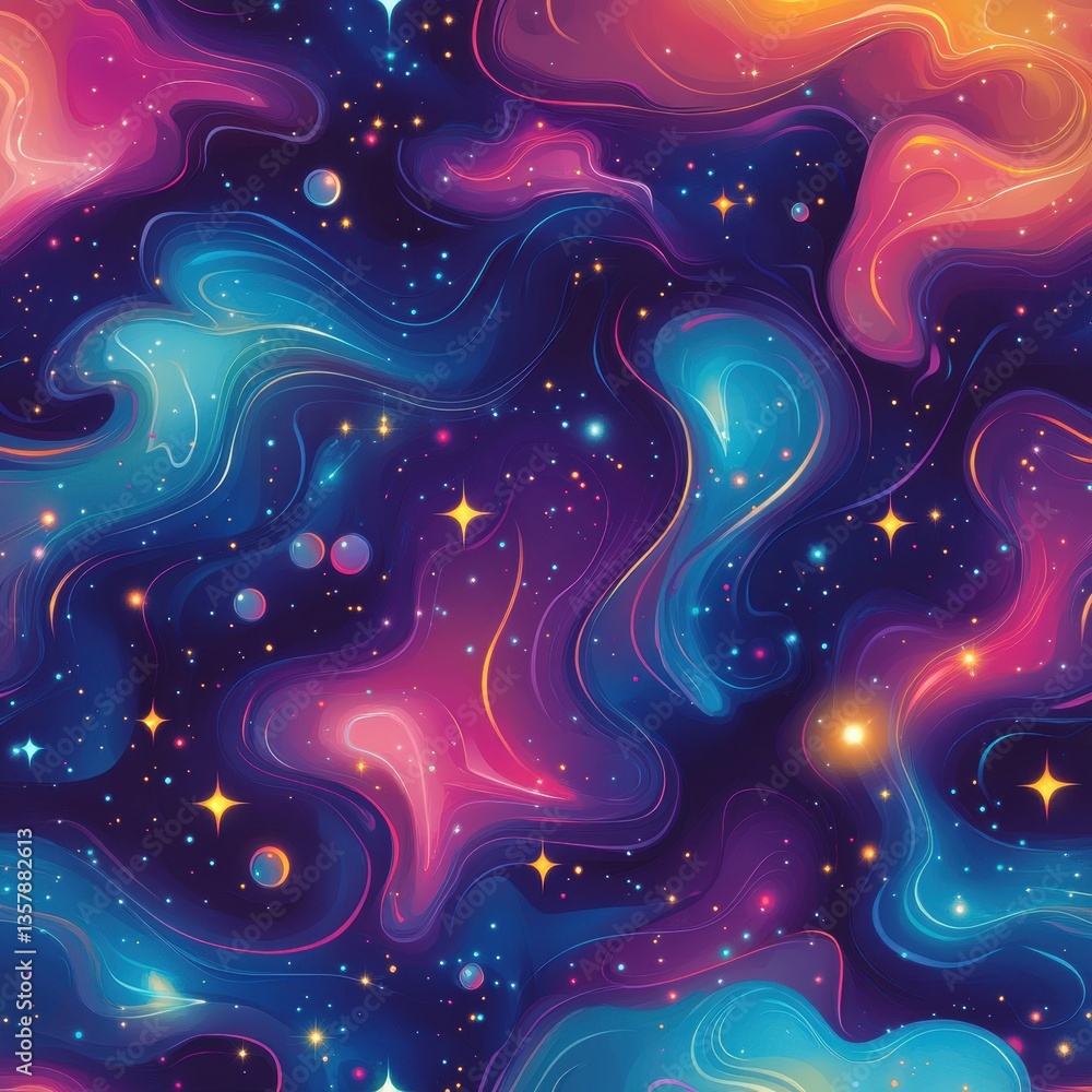 Aufkleber Seamless cosmic nebula pattern with vibrant swirling star clouds and deep-space gradients displayed in a colorful, celestial design Generative AI