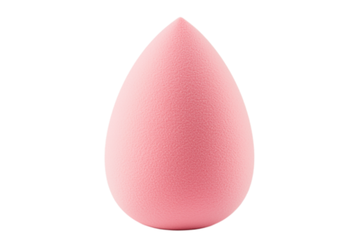 Soft beauty blender sponge in a teardrop shape, pastel pink color with a smooth, velvety texture, slight gradient shading to add depth, perfectly cut contours, white background